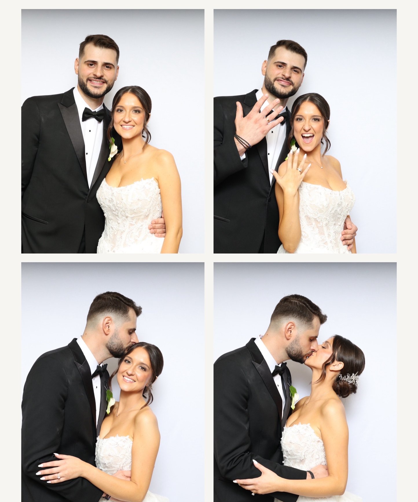 A four-frame photo booth print of a couple in a tuxedo and wedding dress